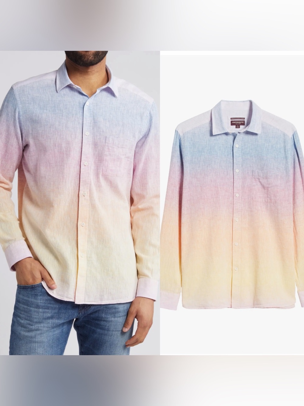 Johnston & Murphy Ombré Cotton & Linen Button-Up Shirt Size Large